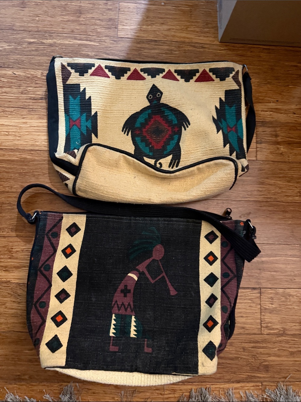 2 Bohemian Tribal Canvas Shoulder Bag, Beige, Teal and Black- 12Hx17”Wx6”D